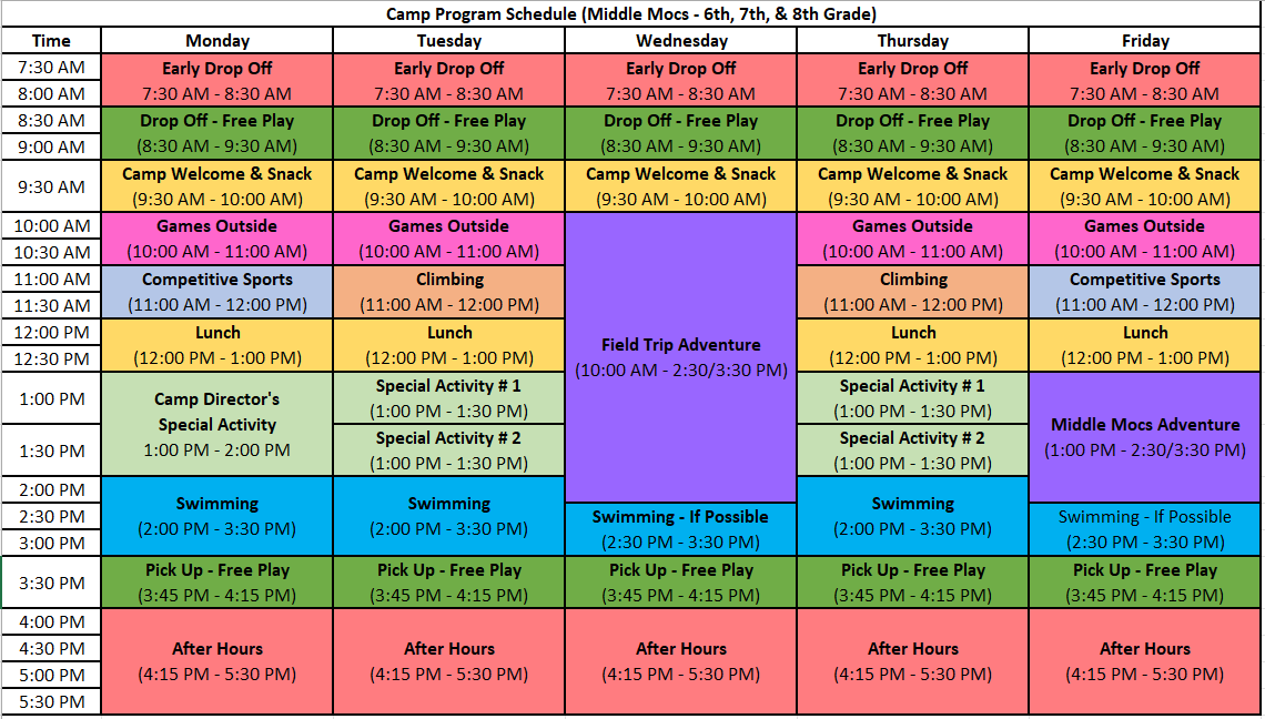 Mocs Adventure Camp - Middle Mocs Daily Schedule - Summer 2024