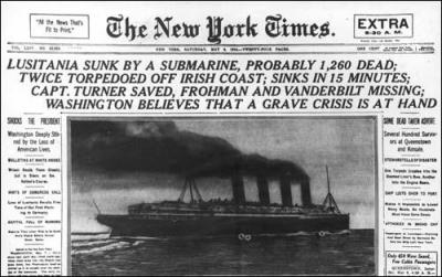 The New York Times front-page story of the sinking of the Lusitania