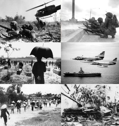 Clockwise, from top left: U.S. combat operations in Ia Drang, ARVN Rangers defending Saigon during the 1968 Tet Offensive, two A-4C Skyhawks after the Gulf of Tonkin incident, ARVN recapture Quảng Trị during the 1972 Easter Offensive, civilians fleeing the 1972 Battle of Quảng Trị, and burial of 300 victims of the 1968 Huế Massacre.