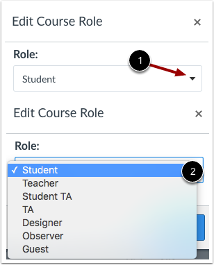 Under Edit Course Role: click the drop down menu arrow and select new role