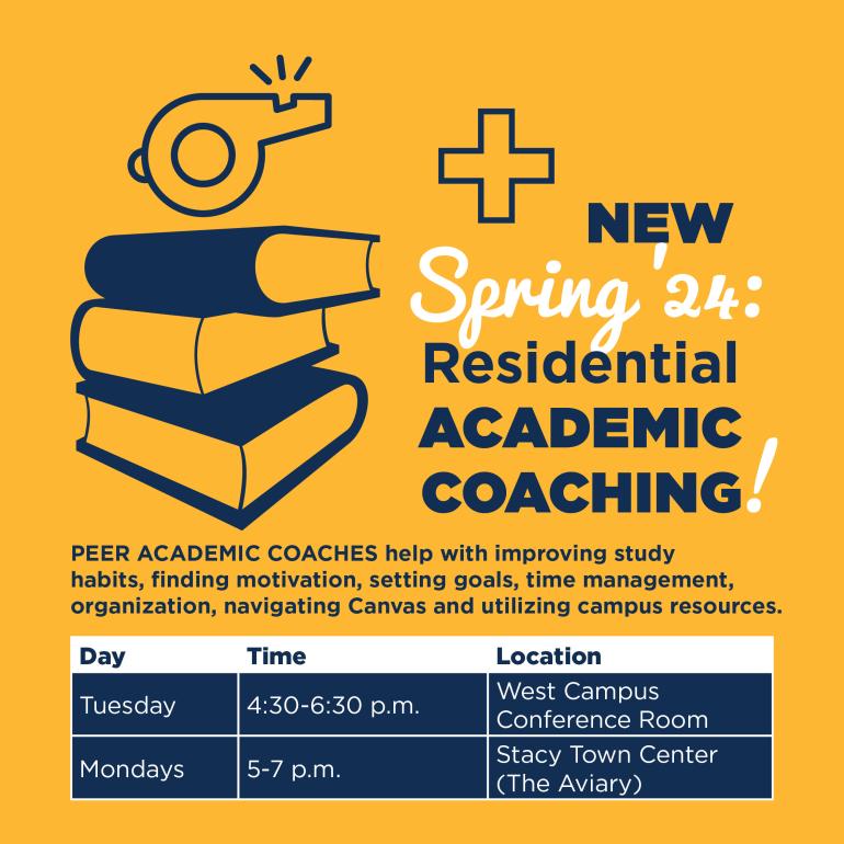 Residential Peer Academic Coaching is available on Mondays and Tuesdays is certain locations.  No appointment necessary.